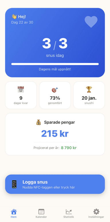 Snusfria app home screen